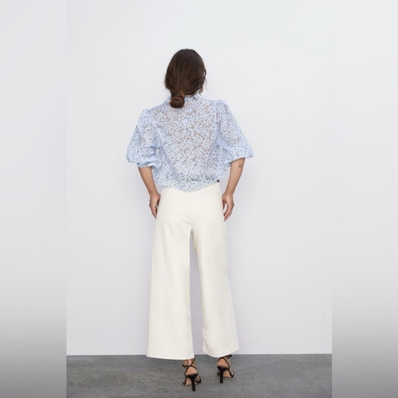 Zara Floral Blue Organza Puff Sleeve Sheer Cropped Blouse Size XS - Picture 3 of 16